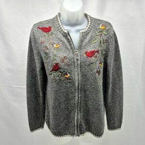 Croft & Barrow Gray Cardinal Embroidered Zip Front Knit Cardigan Sweater Large